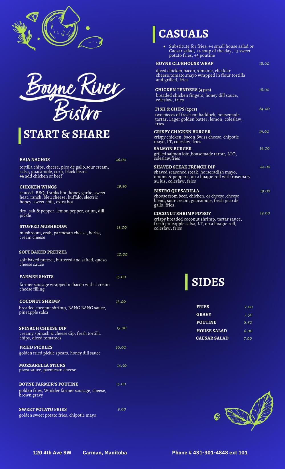 Take Out and Dine in Menu